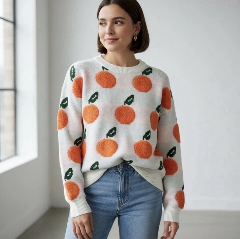 Cider Ivory Orange Fruit 3D Knit Sweater Novelty Green Cozy Pullover Size M